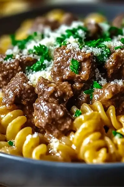 Beef and Rotini in Garlic Parmesan Sauce