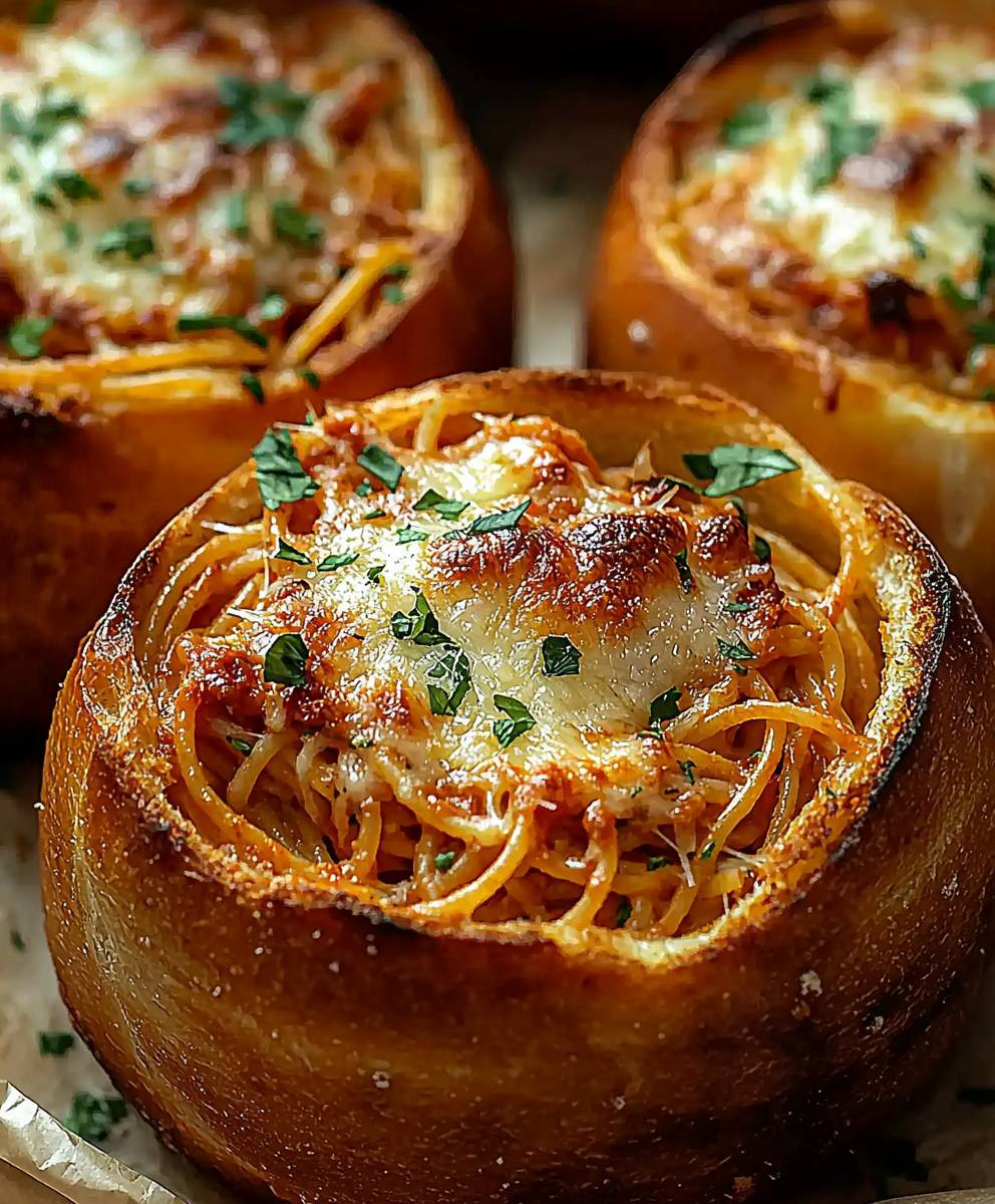Spaghetti Garlic Bread Bowls