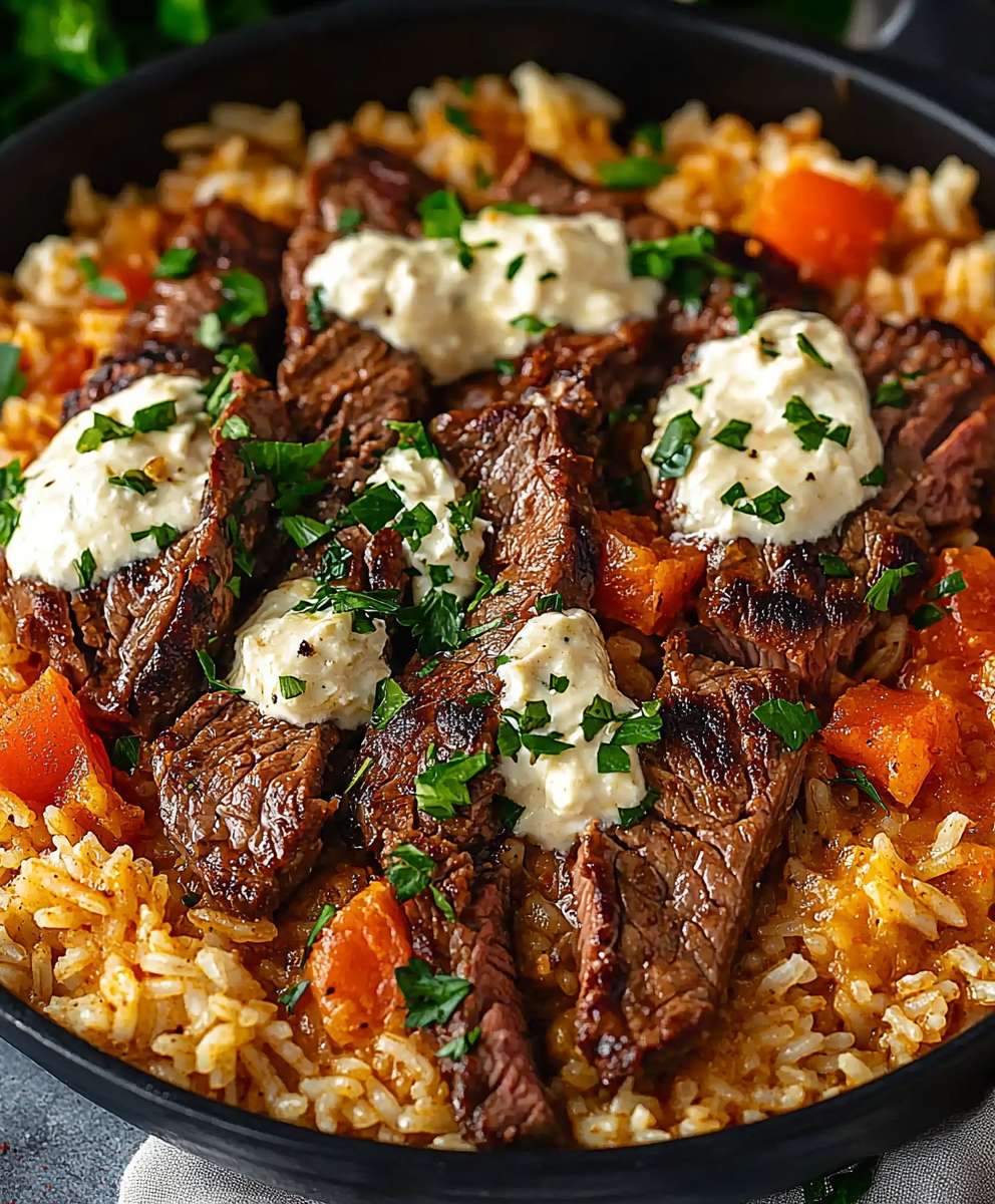 Creamy Queso Rice with Steak