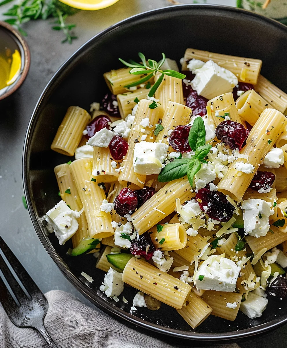 Bright Feta Cranberry Rigatoni Salad | Lemon Vinaigrette