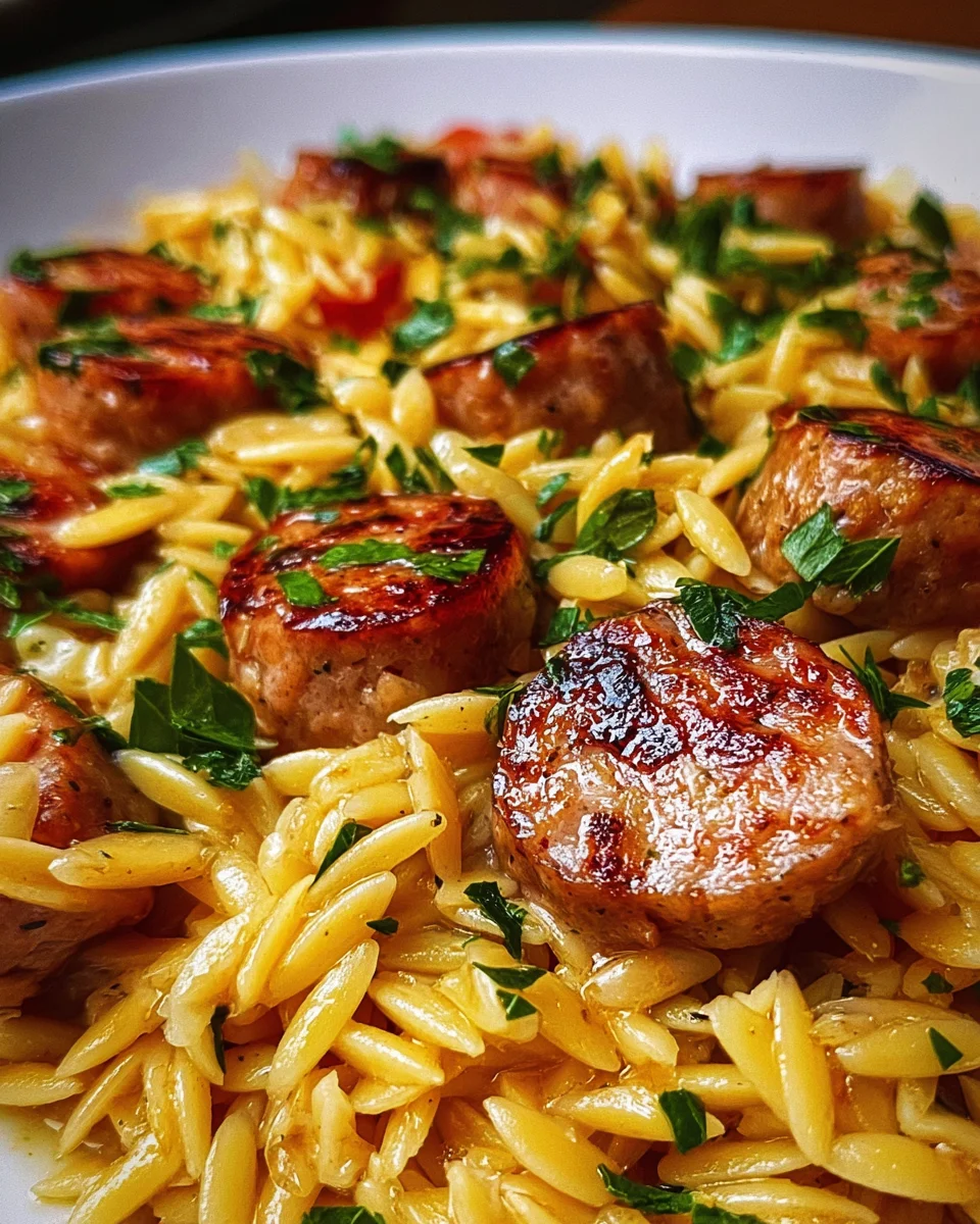 Easy & Quick One Pot Garlic Butter Beef Sausage Orzo
