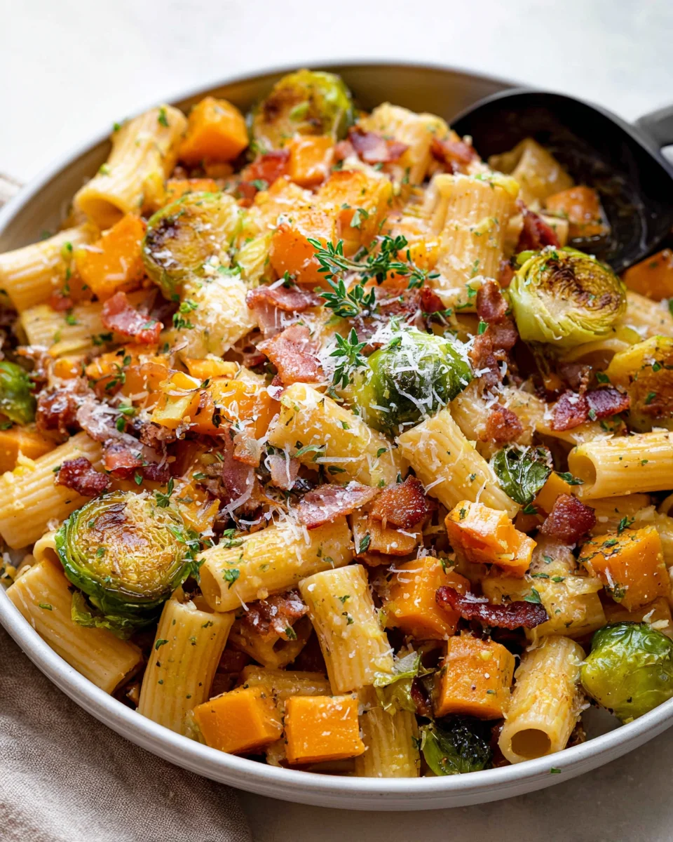 Easy Beef Bacon, Butternut Squash & Brussels Sprouts Pasta