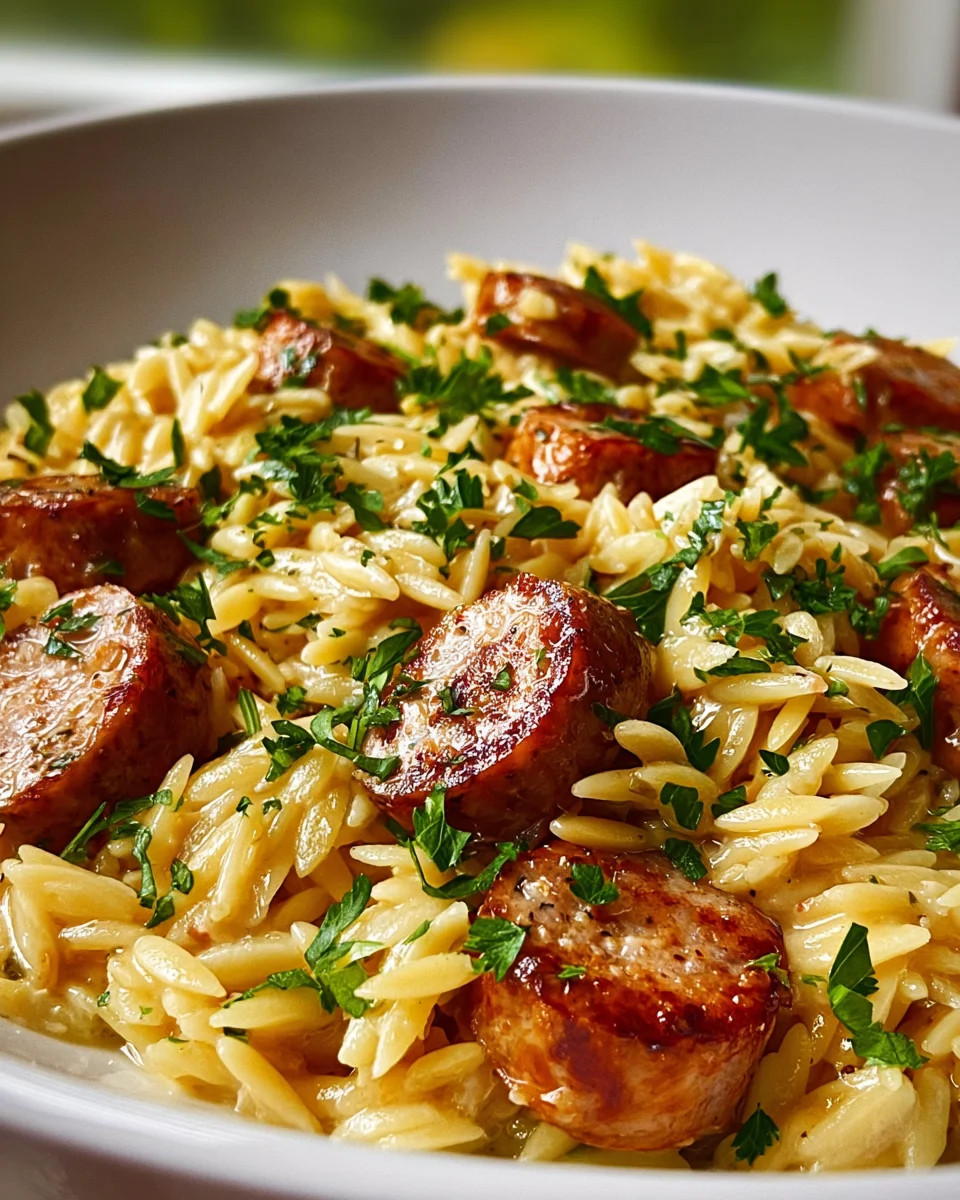 Easy One Pot Garlic Butter Beef Sausage & Orzo Dinner