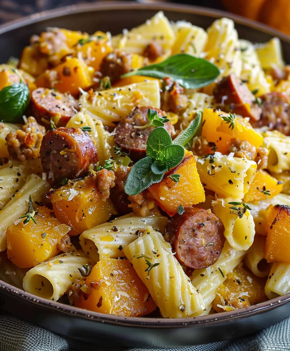 Delicious Autumn Beef Sausage Pasta with Roasted Squash and Brussels Sprouts