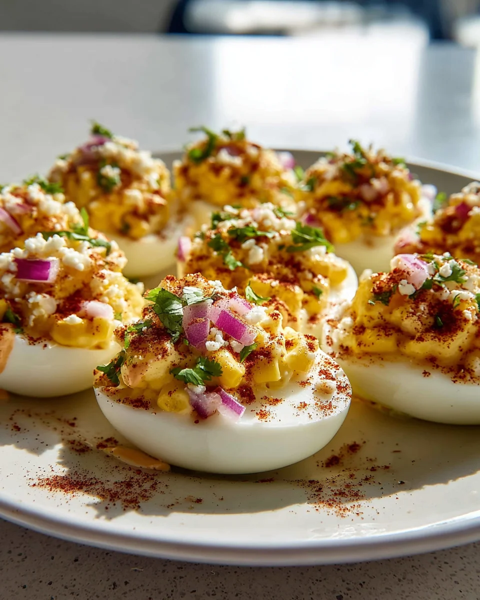 Elote Deviled Eggs with Chipotle Mayo - Creamy & Spicy!
