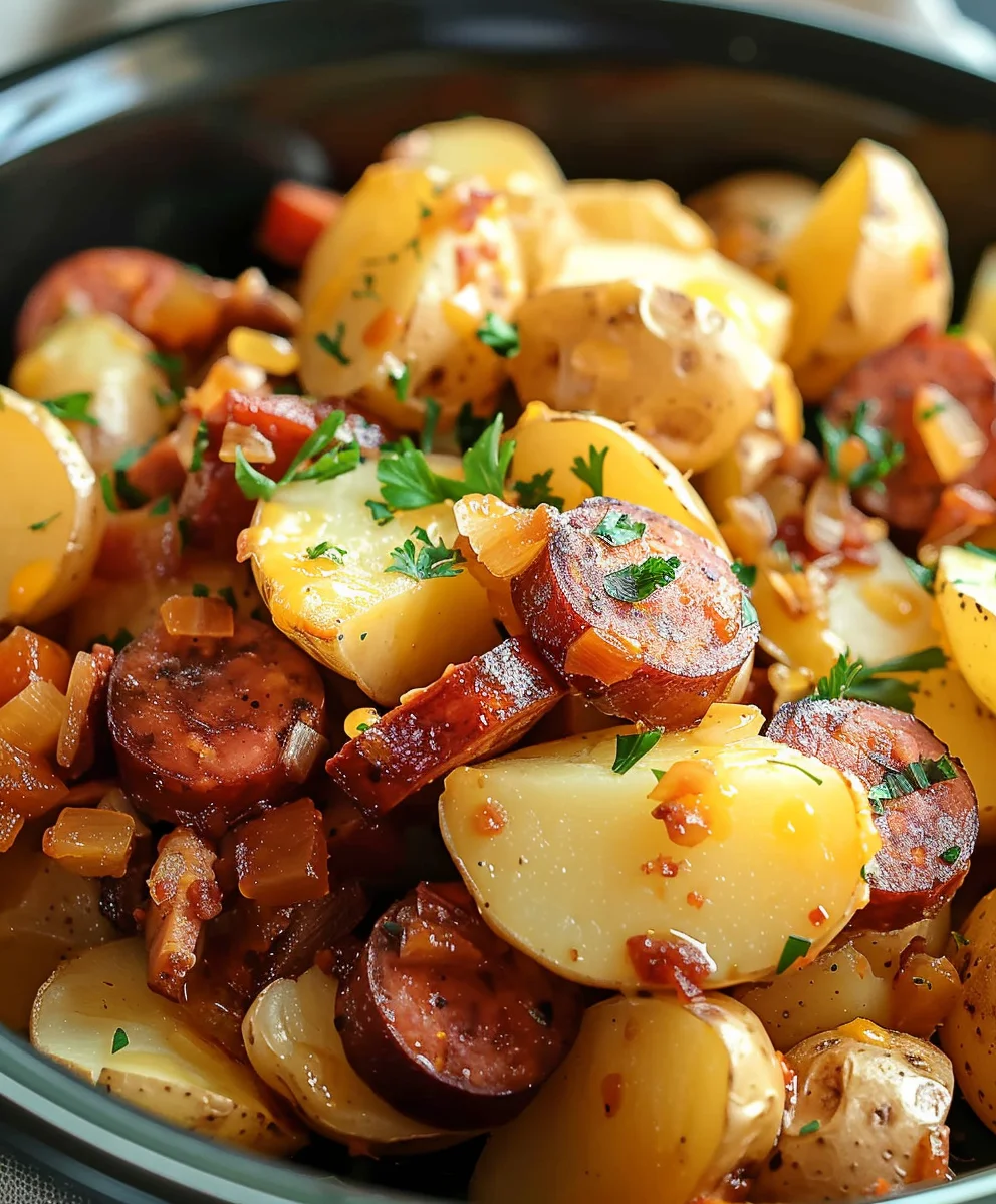 Easy Crockpot Cheesy Potatoes & Beef Kielbasa Dinner