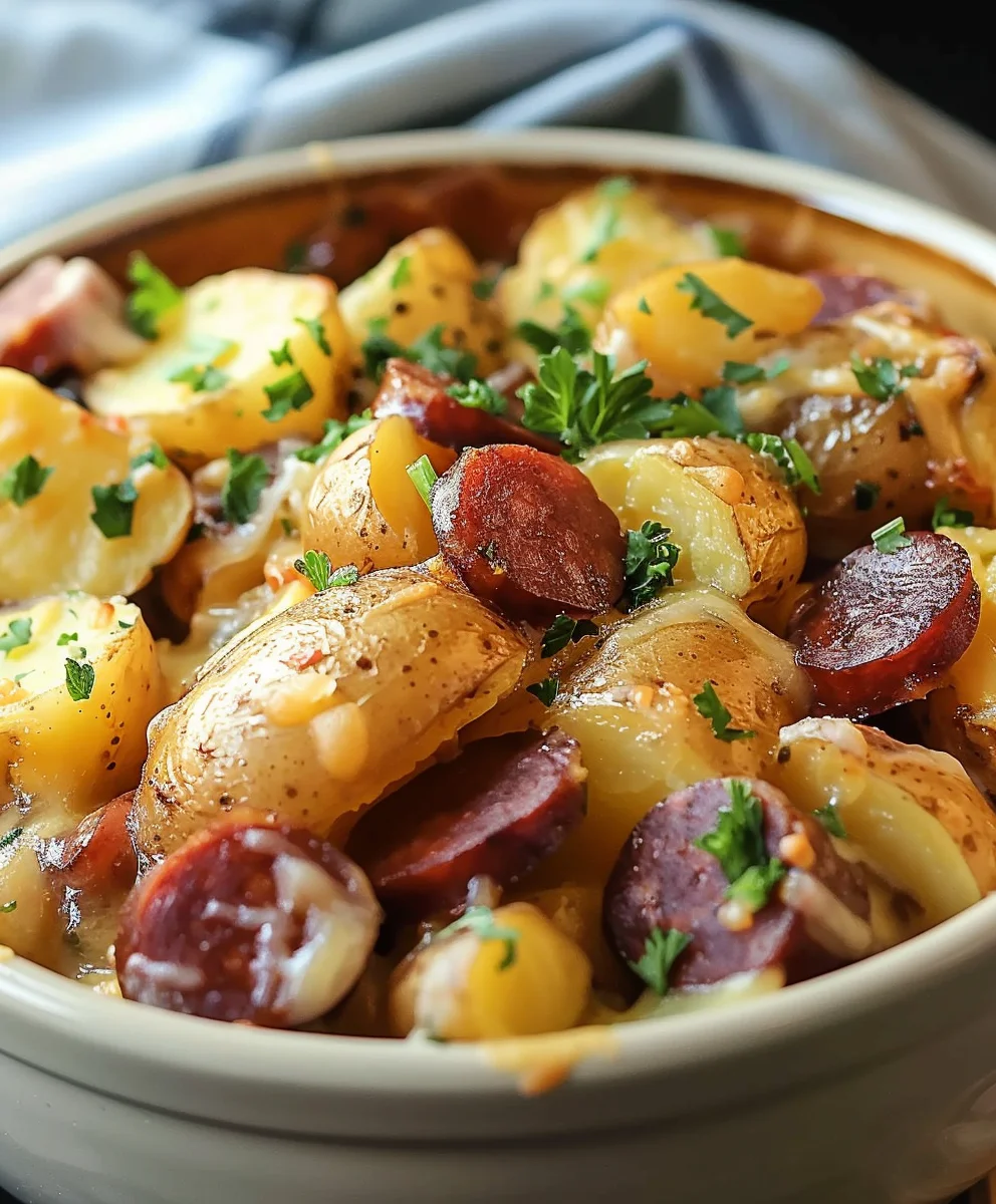 Easy Crockpot Cheesy Potatoes & Beef Kielbasa Dinner