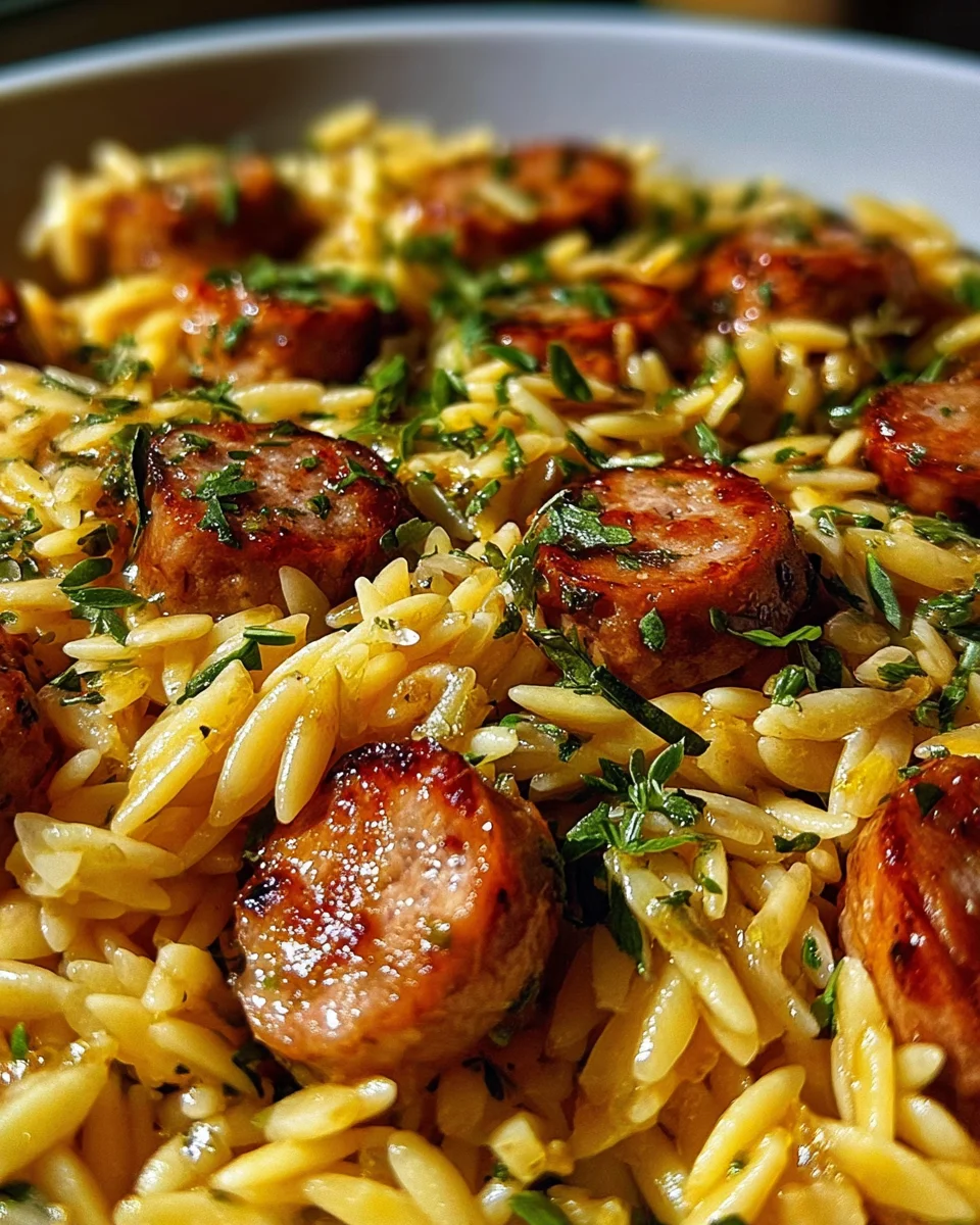 Easy & Quick One Pot Garlic Butter Beef Sausage Orzo