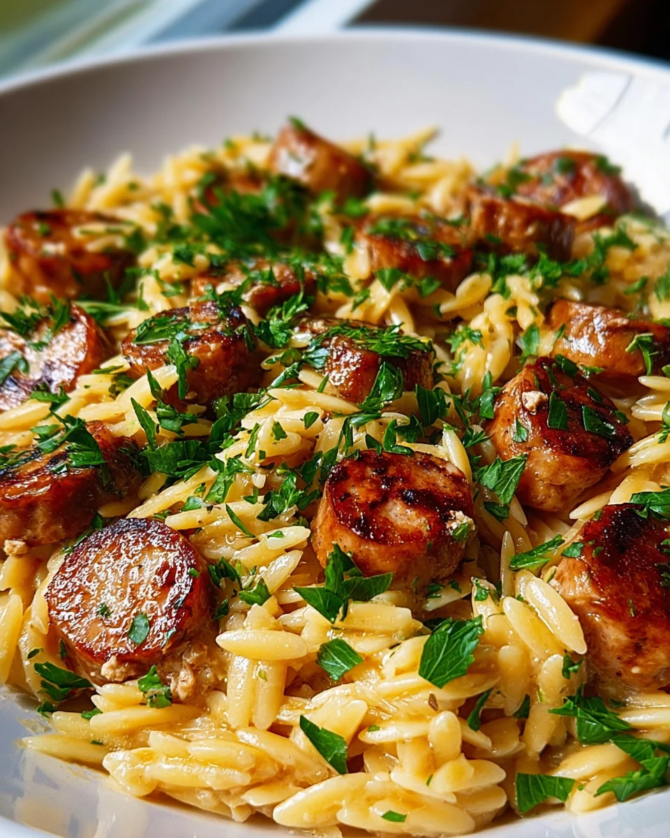 Easy One Pot Garlic Butter Beef Sausage & Orzo Dinner