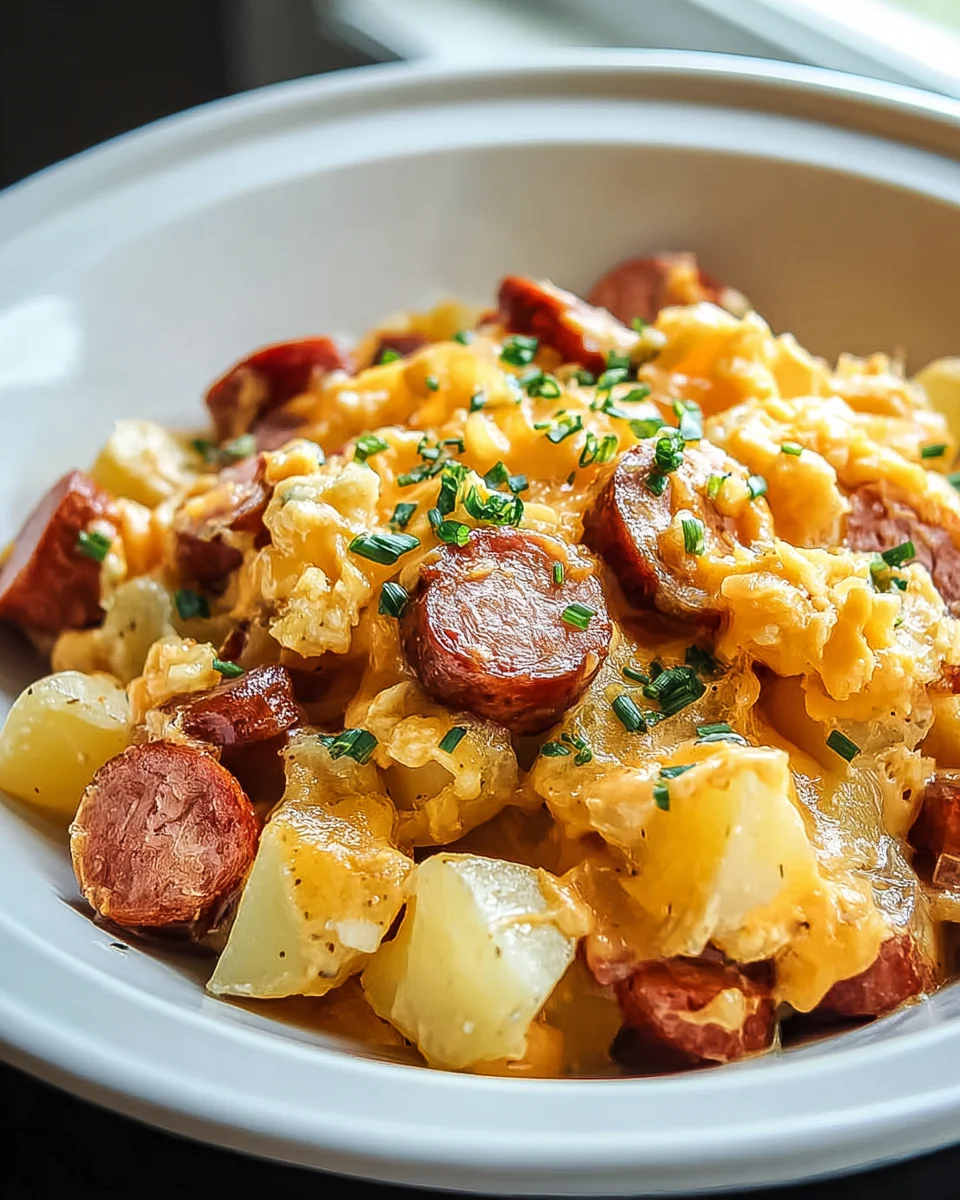 Hearty Crockpot Cheesy Potatoes & Beef Kielbasa Dinner