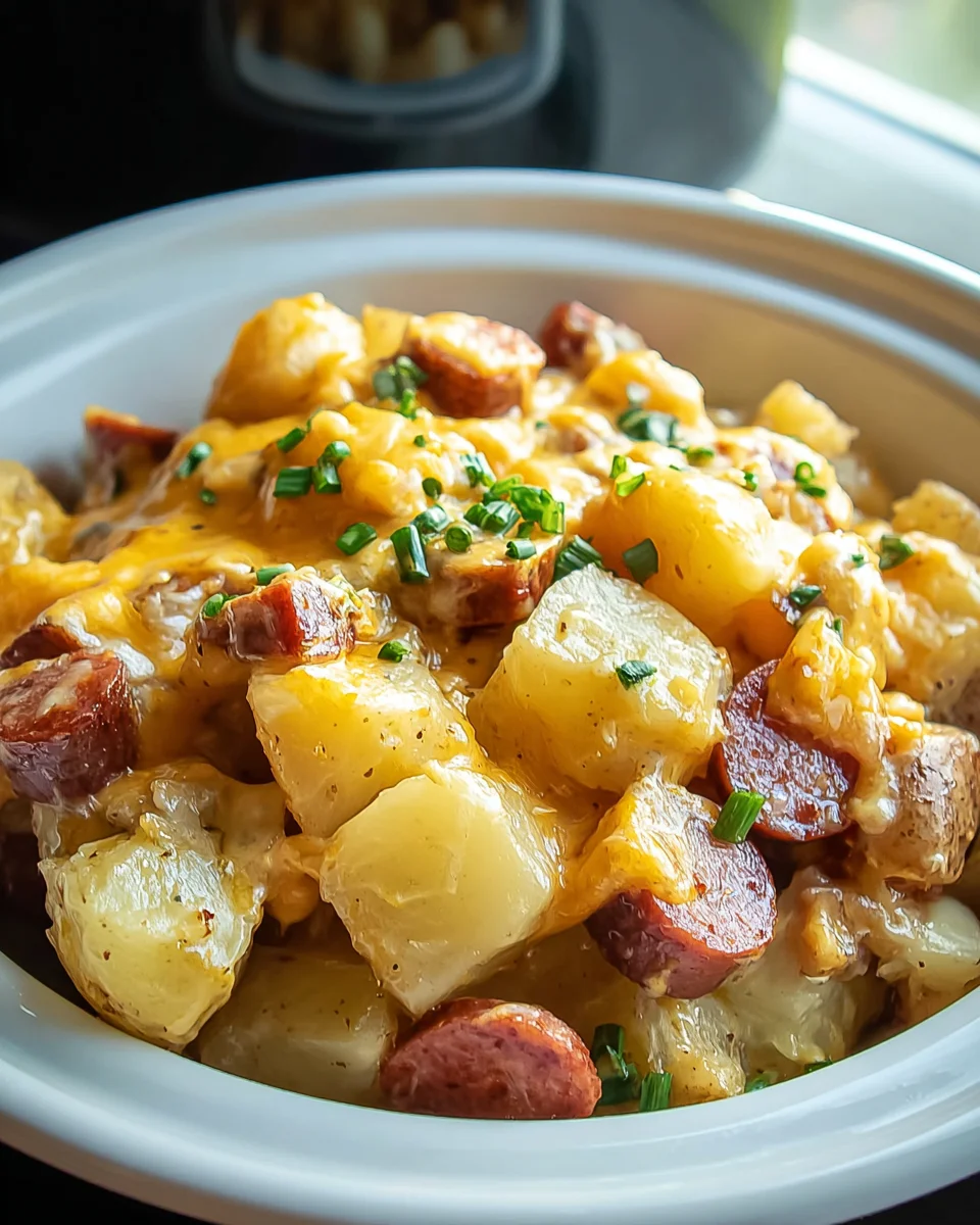 Hearty Crockpot Cheesy Potatoes & Beef Kielbasa Dinner