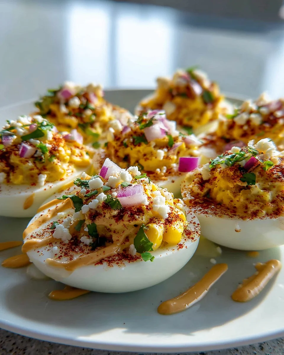 Elote Deviled Eggs with Chipotle Mayo - Creamy & Spicy!