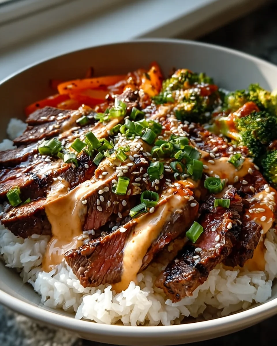 Korean BBQ Beef Steak Rice Bowls with Spicy Cream Sauce