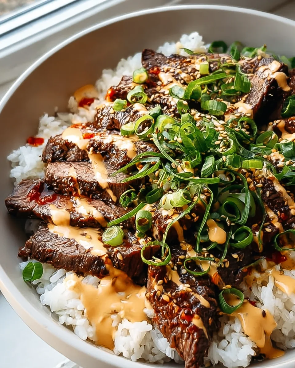 Korean BBQ Steak Rice Bowls with Spicy Cream Sauce Delight