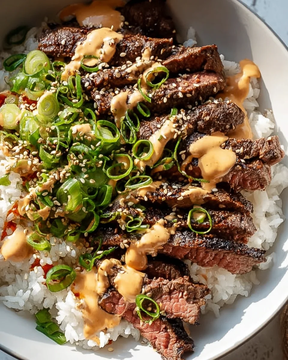 Korean BBQ Steak Rice Bowls with Spicy Cream Sauce Delight