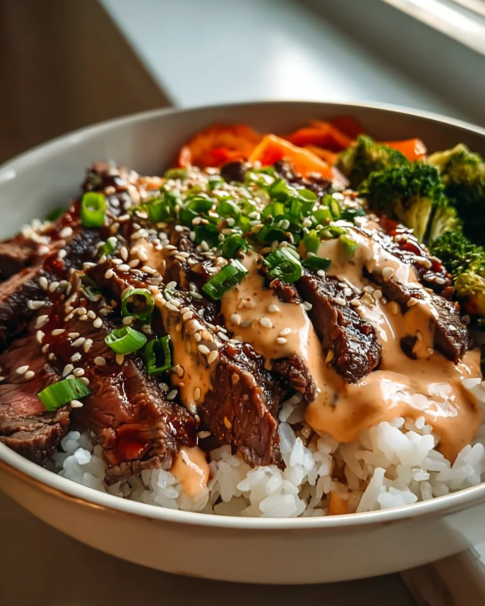 Korean BBQ Beef Steak Rice Bowls with Spicy Cream Sauce