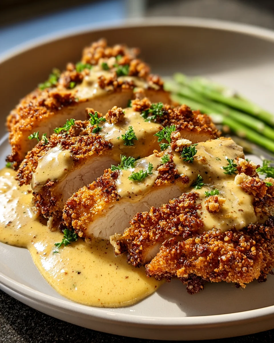 Crispy Pretzel Crusted Chicken & Zesty Cheddar Mustard Sauce