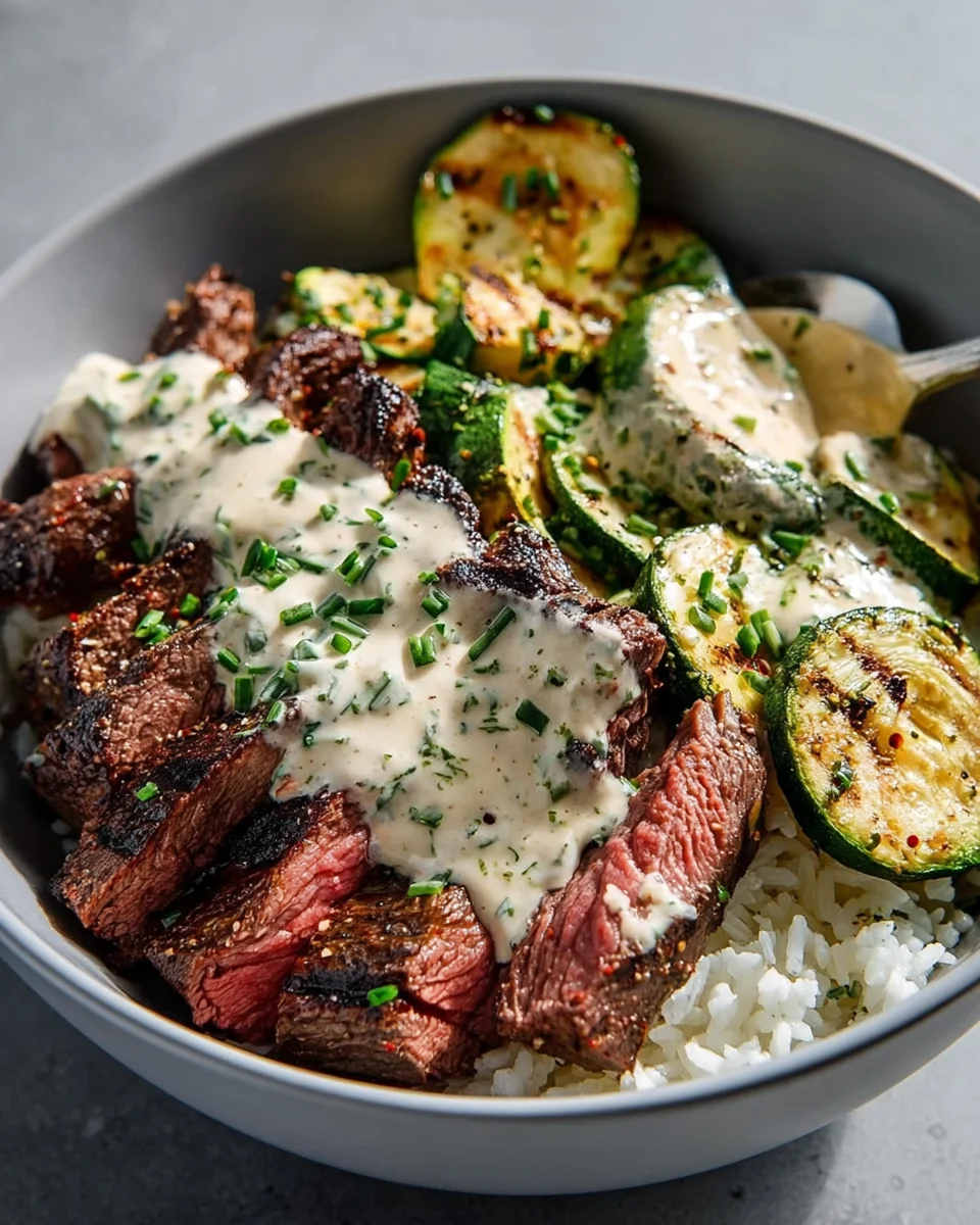 Grilled Steak Bowl With Creamy Sauce & Grilled Zucchini