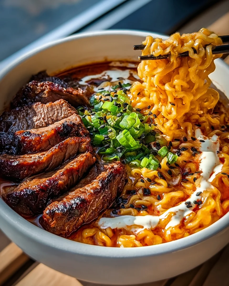 Spicy Korean Ramen with Grilled Beef and Creamy Sauce Recipe