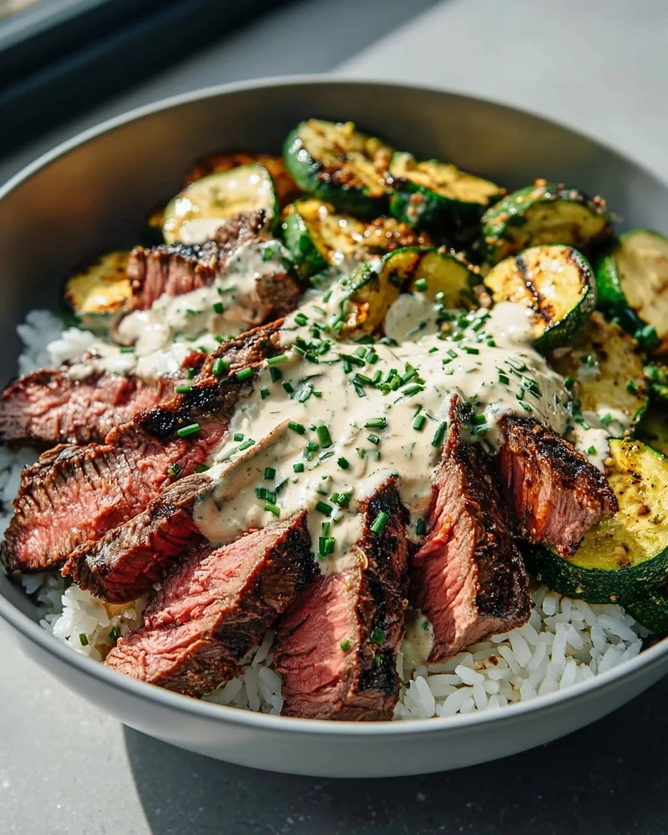 Grilled Steak Bowl with Creamy Sauce & Zucchini Delight