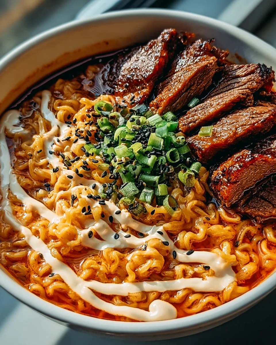 Spicy Korean Ramen with Grilled Beef and Creamy Sauce Recipe