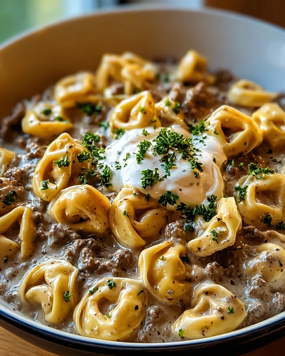 Indulgent Skillet Beef Stroganoff Tortellini in Creamy Sauce