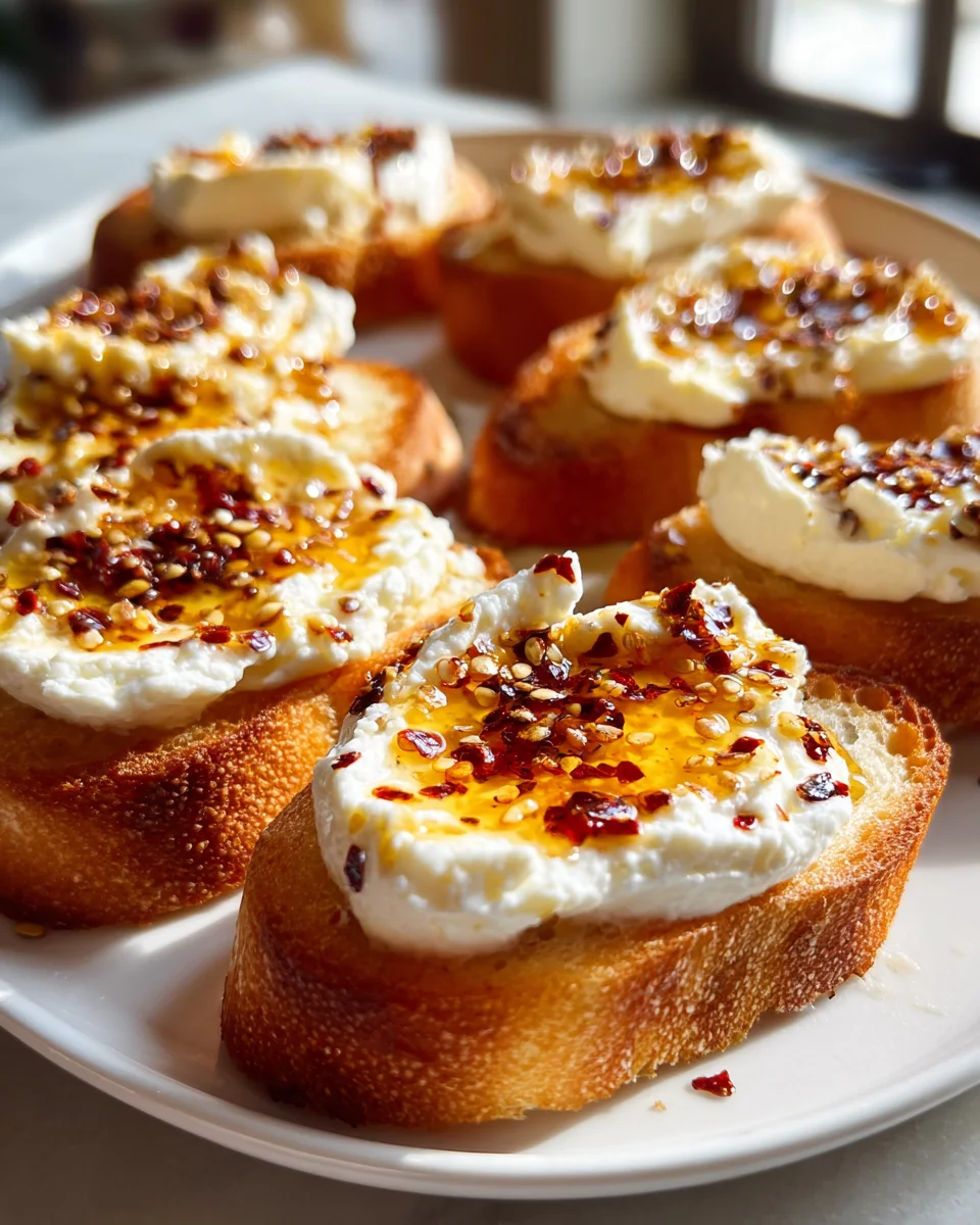Sweet and Spicy Whipped Feta Crostini with Hot Honey