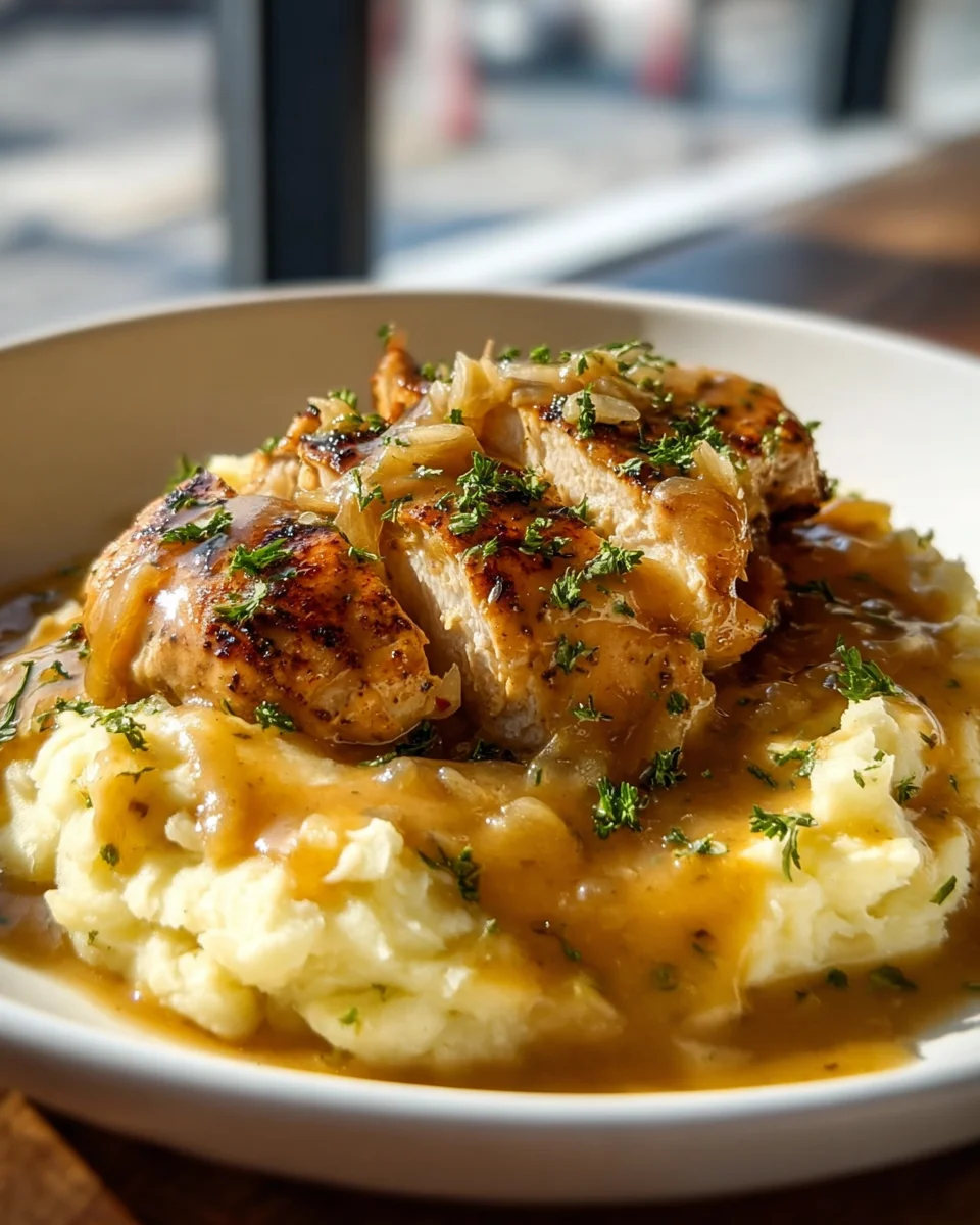 Delicious Chicken and Garlic Gravy with Cheesy Mashed Potatoes