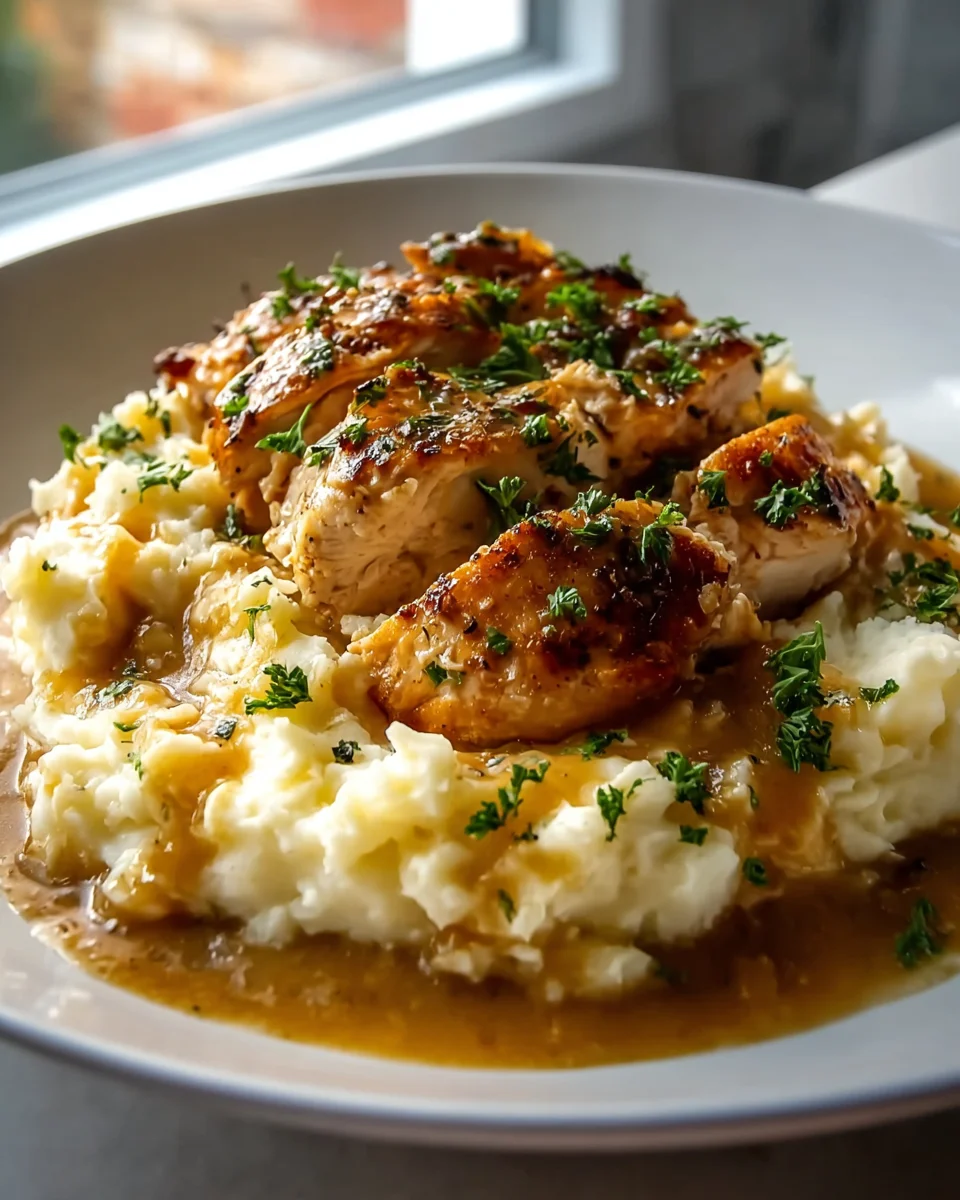Savory Chicken and Garlic Gravy with Cheesy Mashed Potatoes