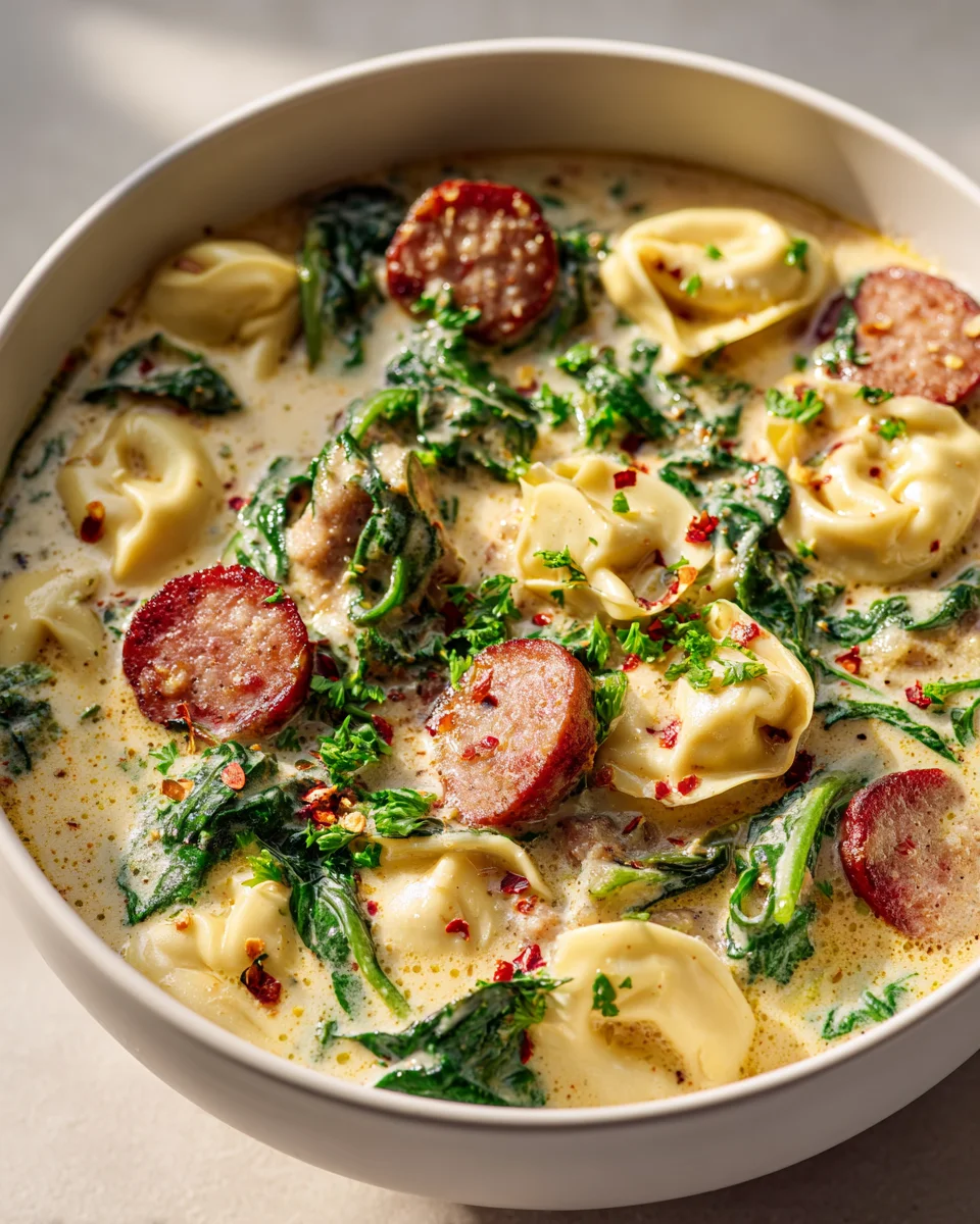 Delicious Slow Cooker Beef Sausage Tortellini Spinach Soup