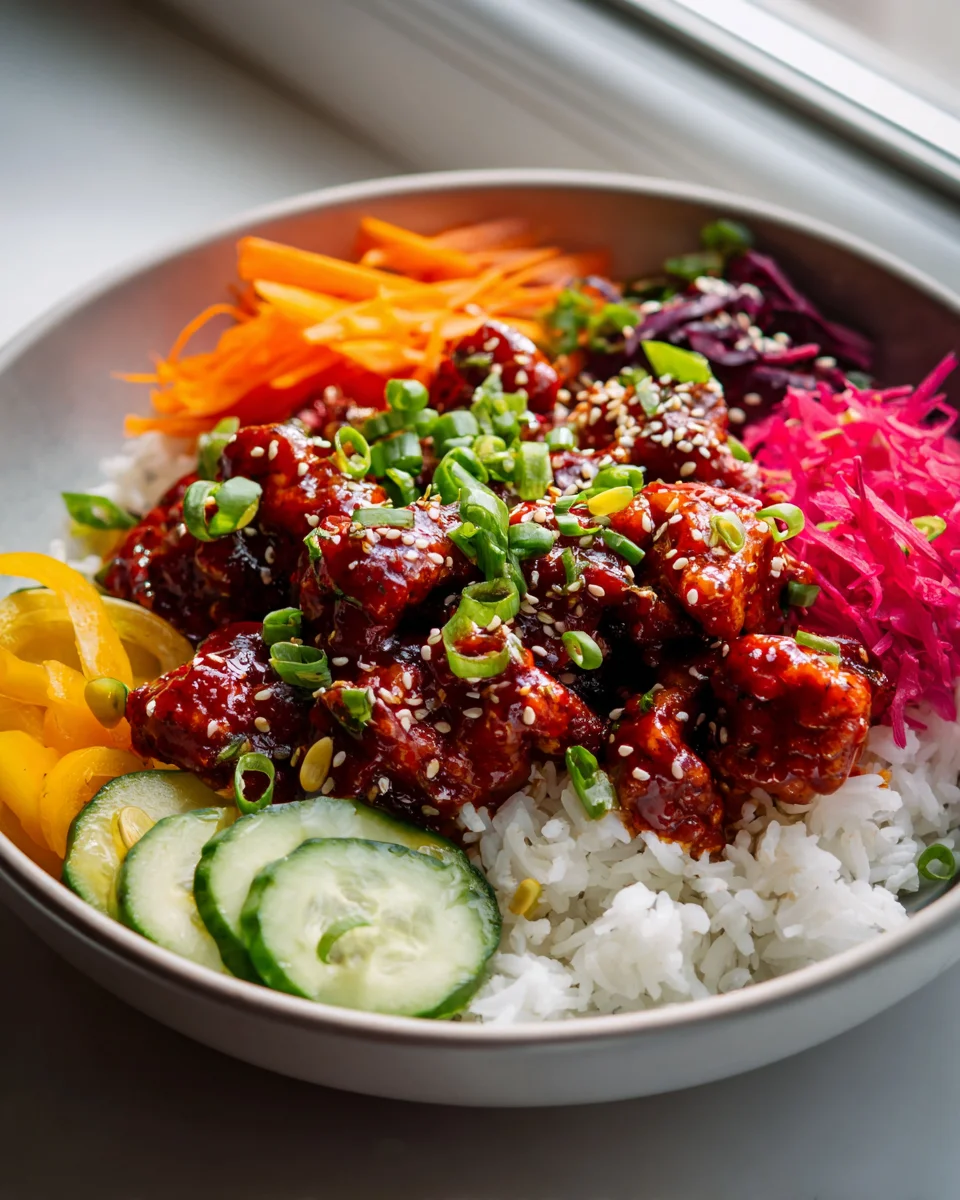 Spicy Korean Gochujang Chicken Bowl with Tangy Pickled Veggies