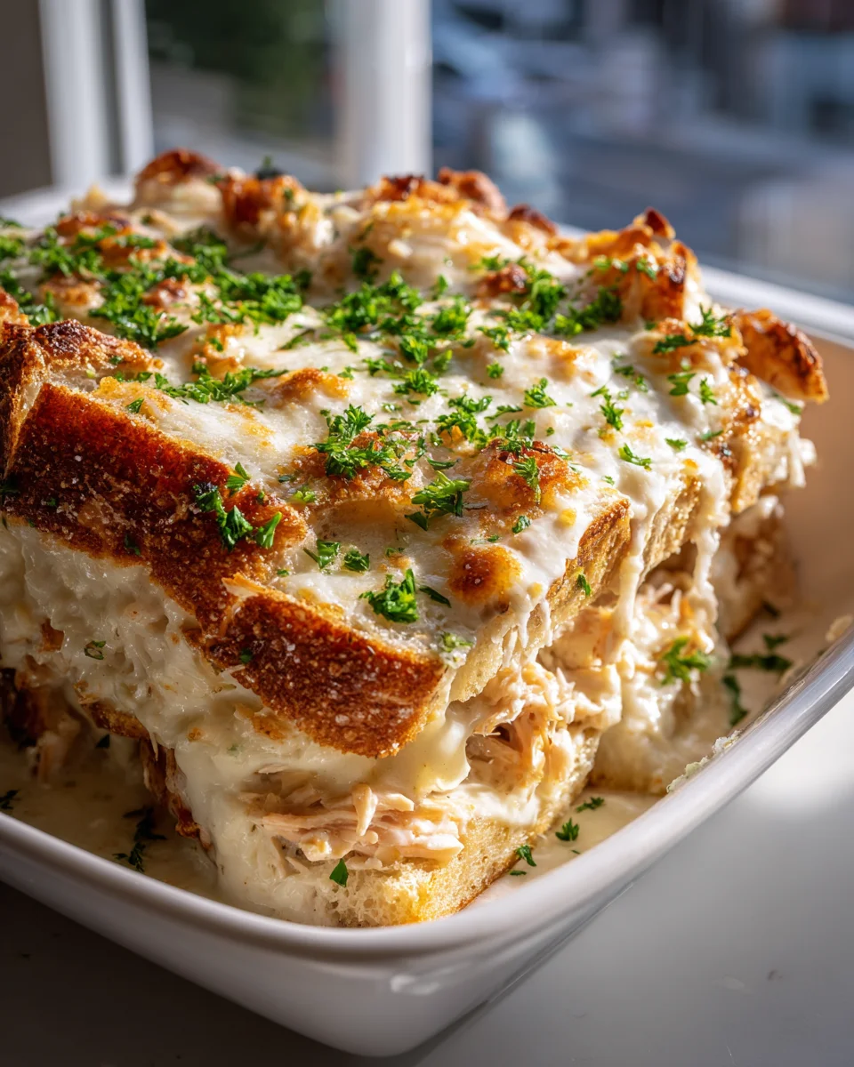 Mouthwatering Creamy Alfredo Chicken Cheese Bread Bake