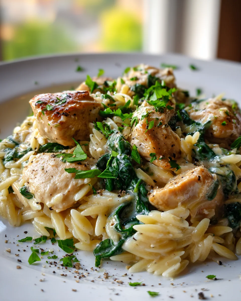 One Pot Garlic Chicken & Spinach Orzo: Easy Dinner Recipe