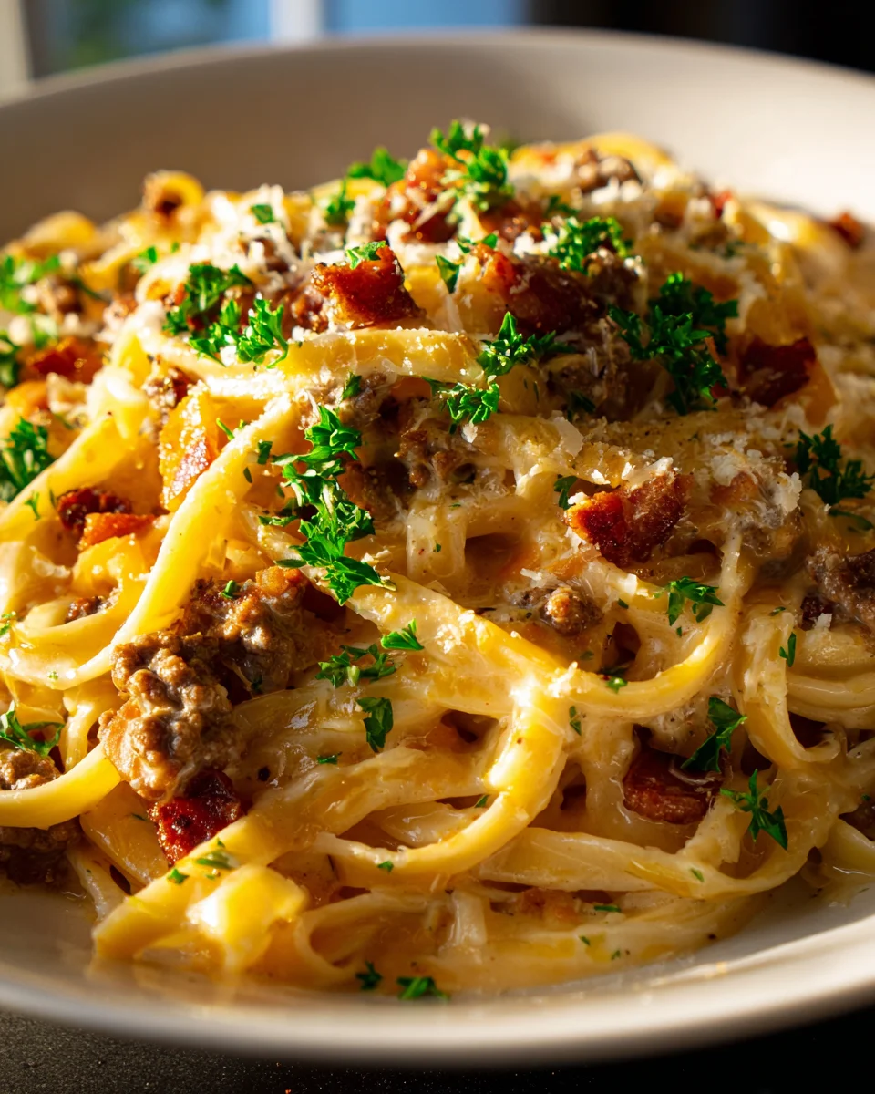 Best Loaded Beef Bacon Cheeseburger Alfredo Pasta!