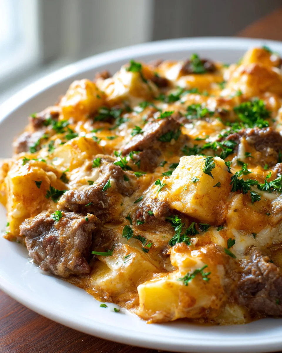 Cheesy Slow Cooker Steak & Cheddar Potato Casserole