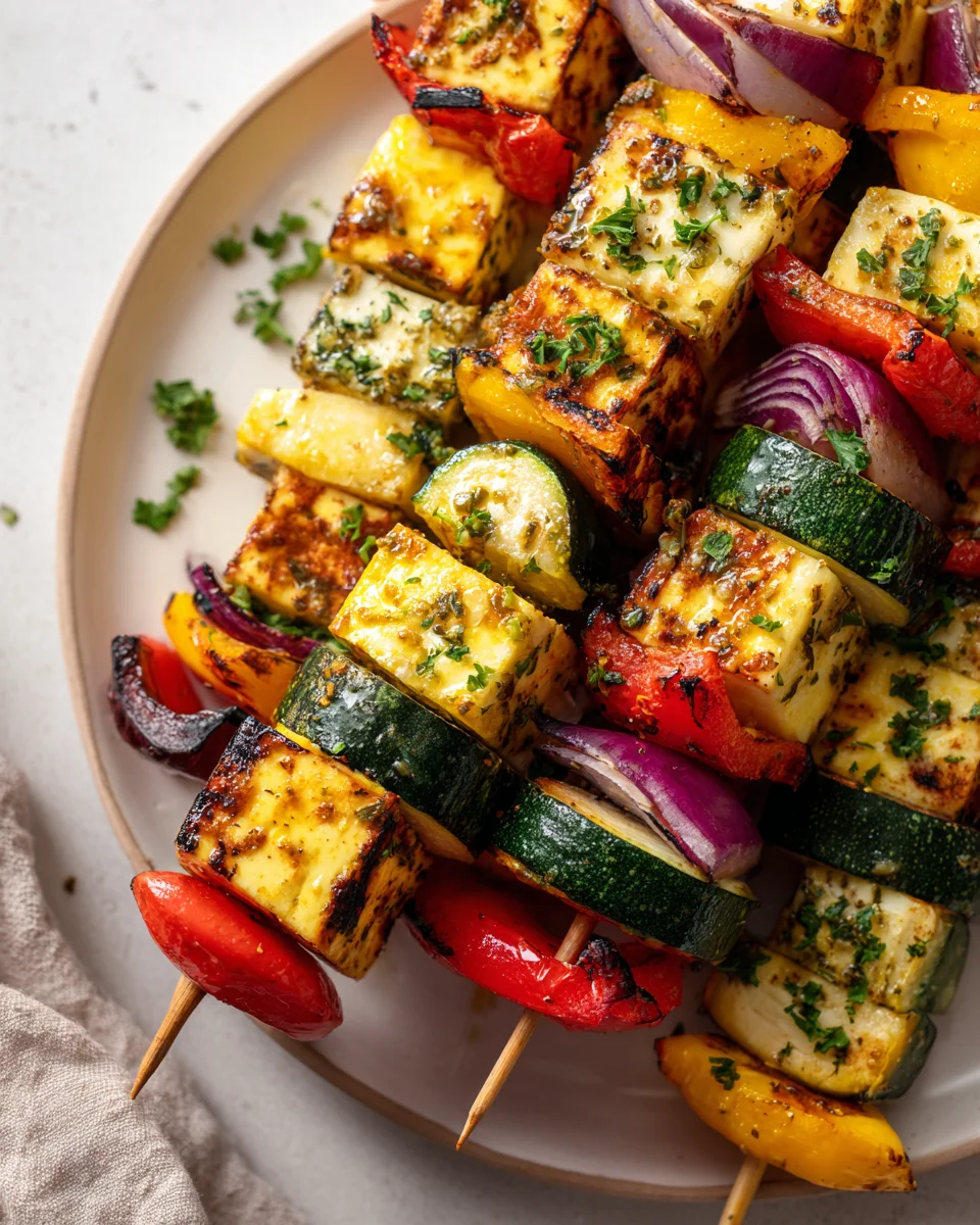 Delicious Greek Lemon Herb Halloumi Veggie Skewers