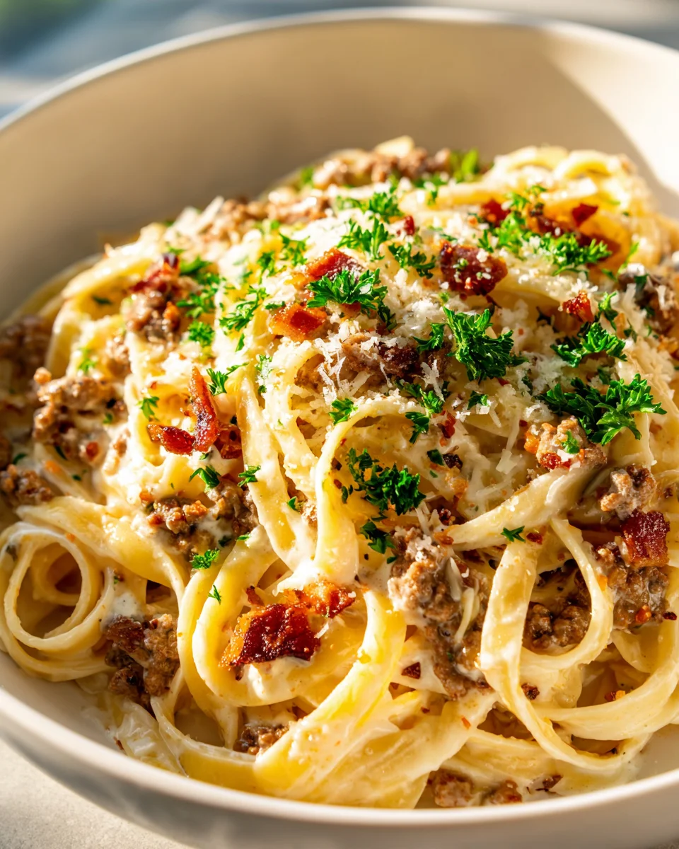 Best Loaded Beef Bacon Cheeseburger Alfredo Pasta!