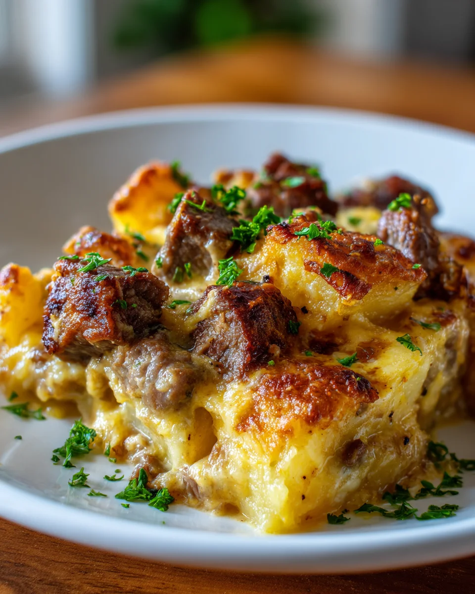 Cheesy Slow Cooker Steak & Cheddar Potato Casserole
