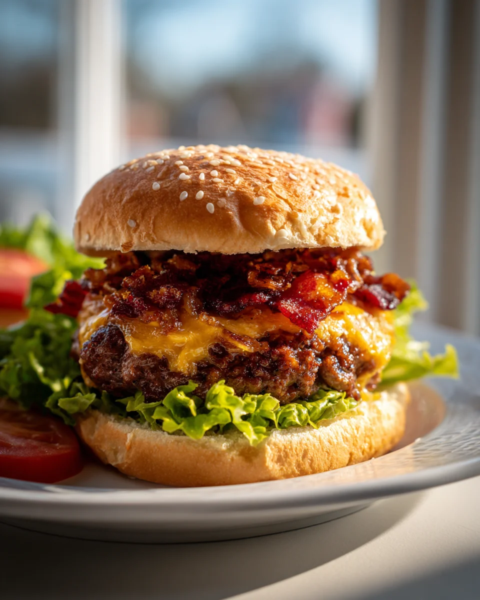 Best Beef Bacon Cheeseburgers with Caramelized Onions