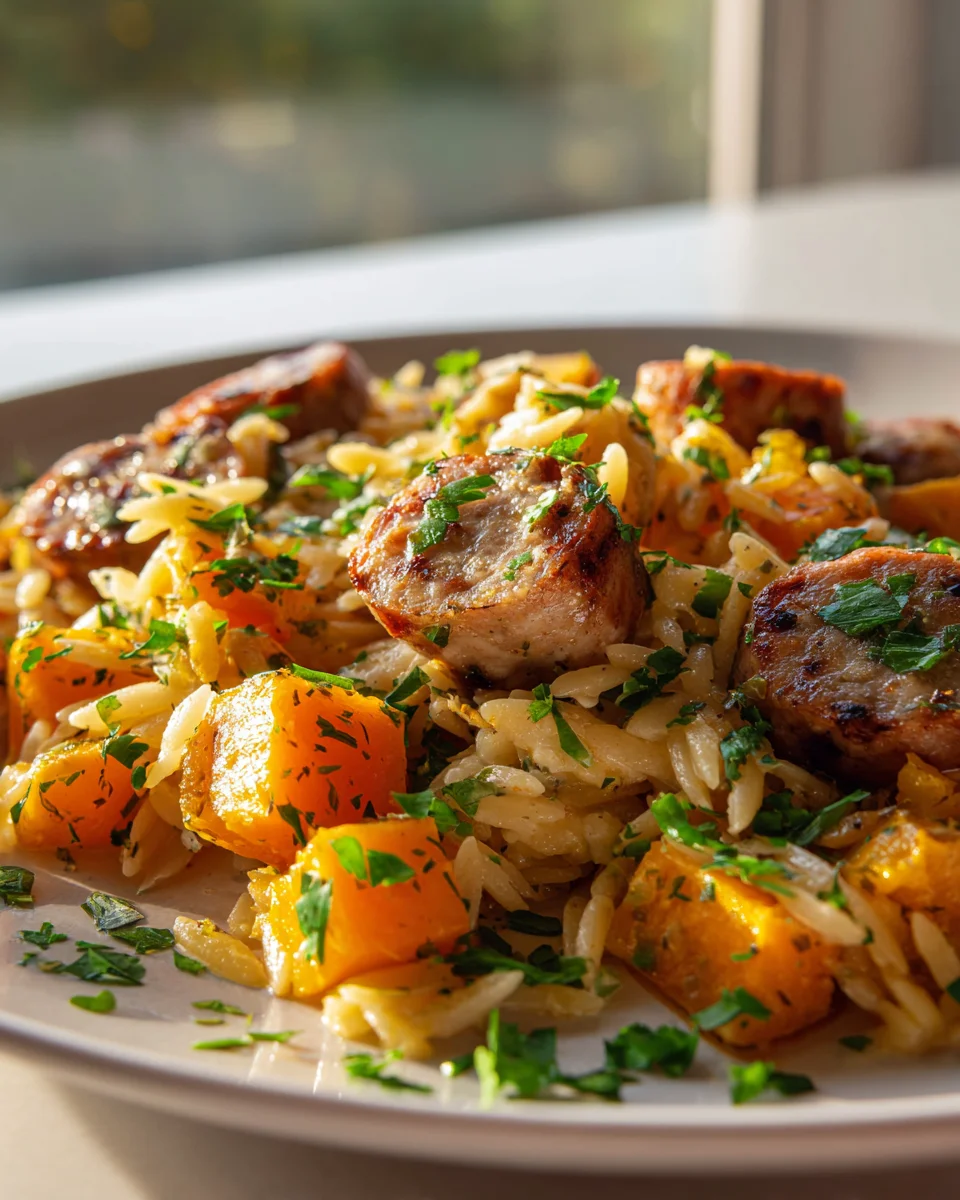 Easy Chicken Sausage Orzo Butternut Sheet Pan Dinner