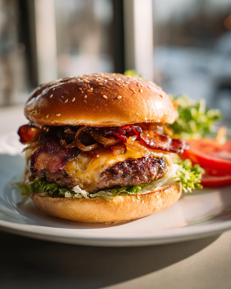 Best Beef Bacon Cheeseburgers with Caramelized Onions