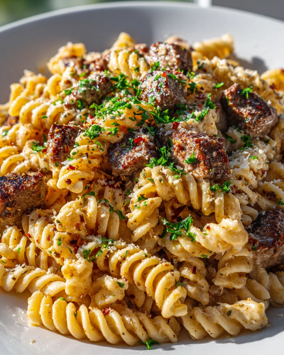 Easy One Pot Creamy Spicy Garlic Butter Steak Pasta Recipe
