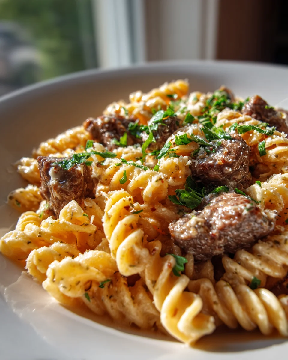Easy One Pot Creamy Spicy Garlic Butter Steak Pasta Recipe