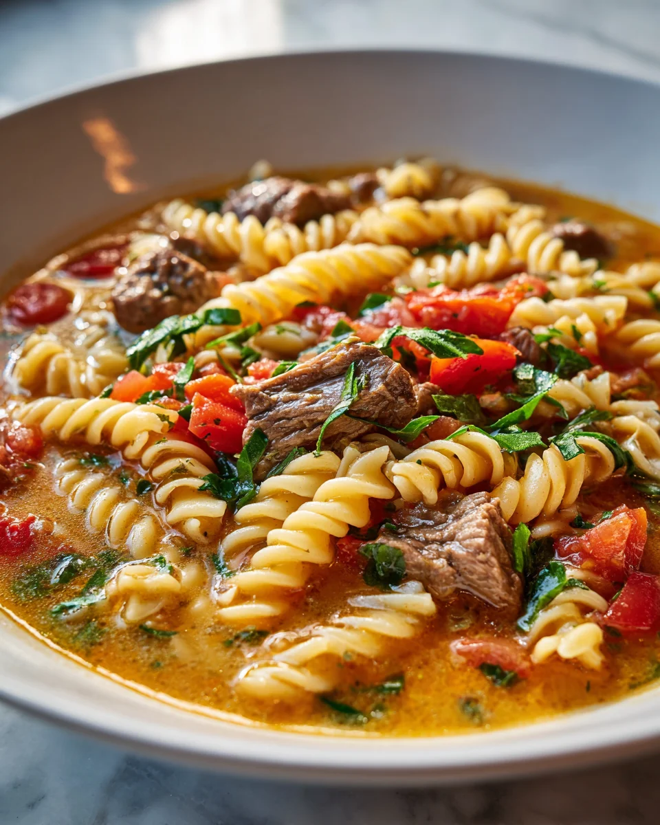 Beef and Rotini Soup: Hearty Tomato Herb Delight