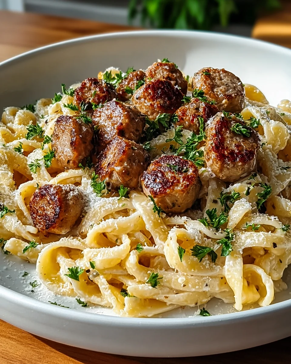 Garlic Butter Beef Sausage Bites with Creamy Parmesan Pasta