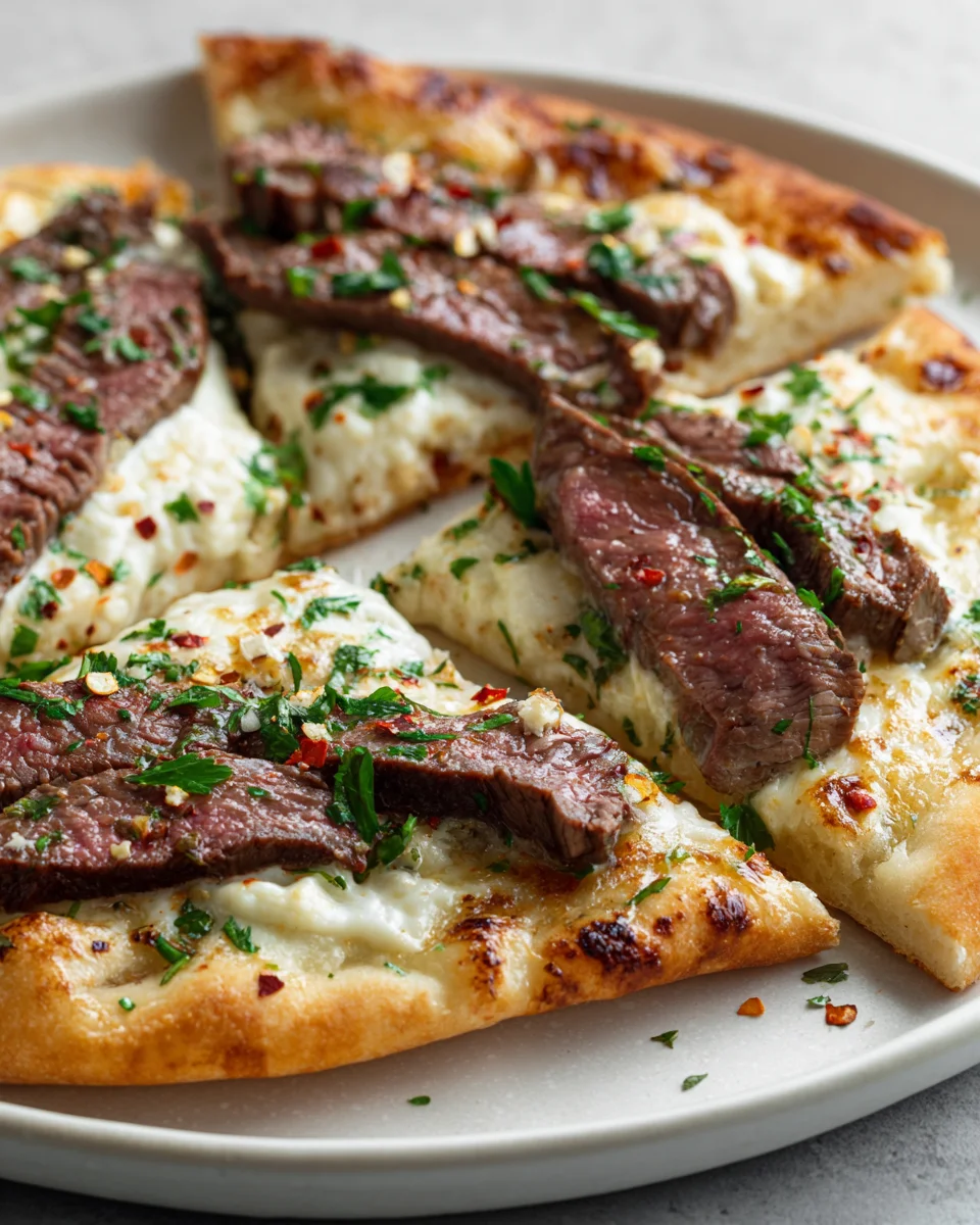 Garlic Butter Steak Flatbread Pizza with Mozzarella Delight