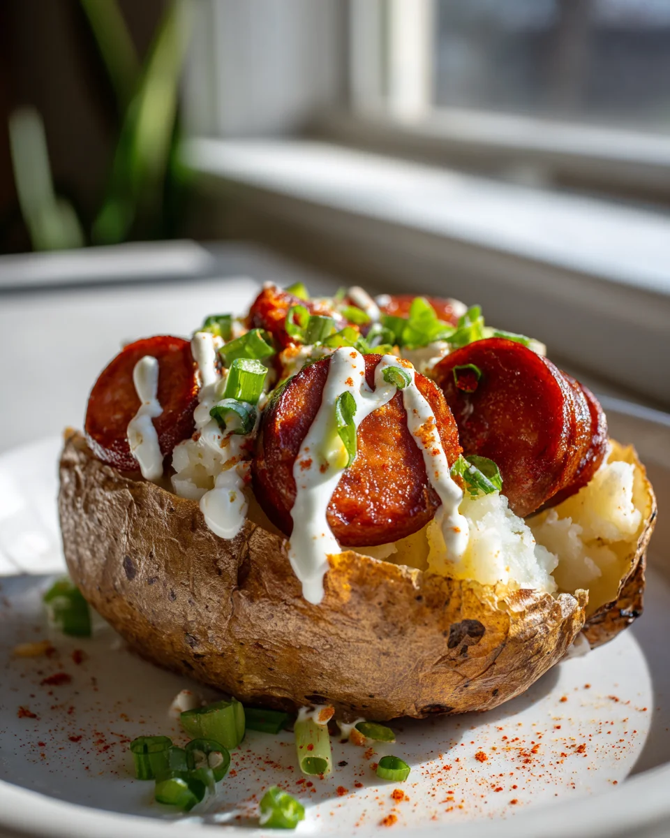Cajun Beef Sausage Loaded Baked Potatoes with Creamy Drizzle