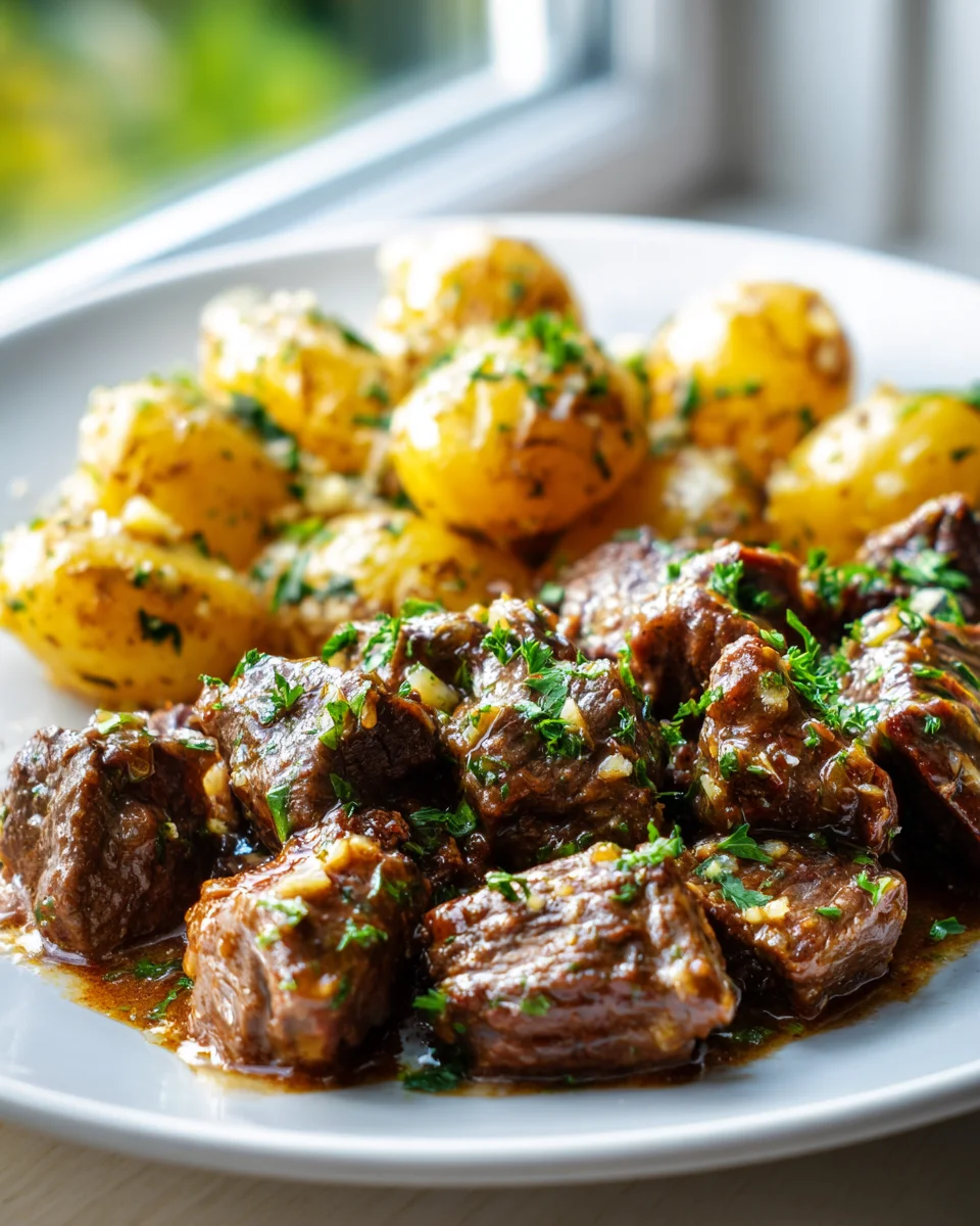 Garlic Butter Beef Tips with Flavorful Garlic Roasted Potatoes