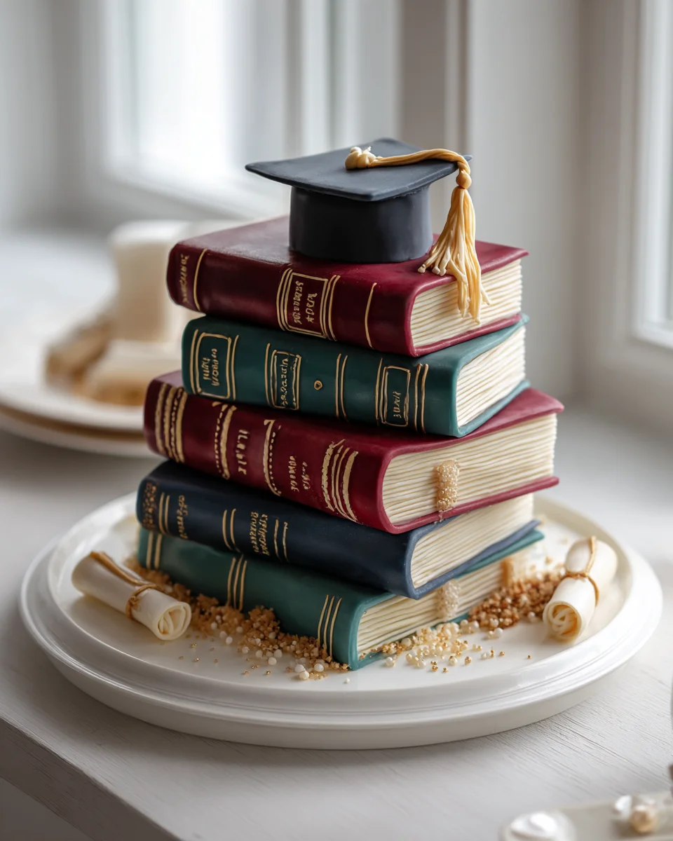 Graduation Cake: Books Stack with Fondant Textbooks & Cap