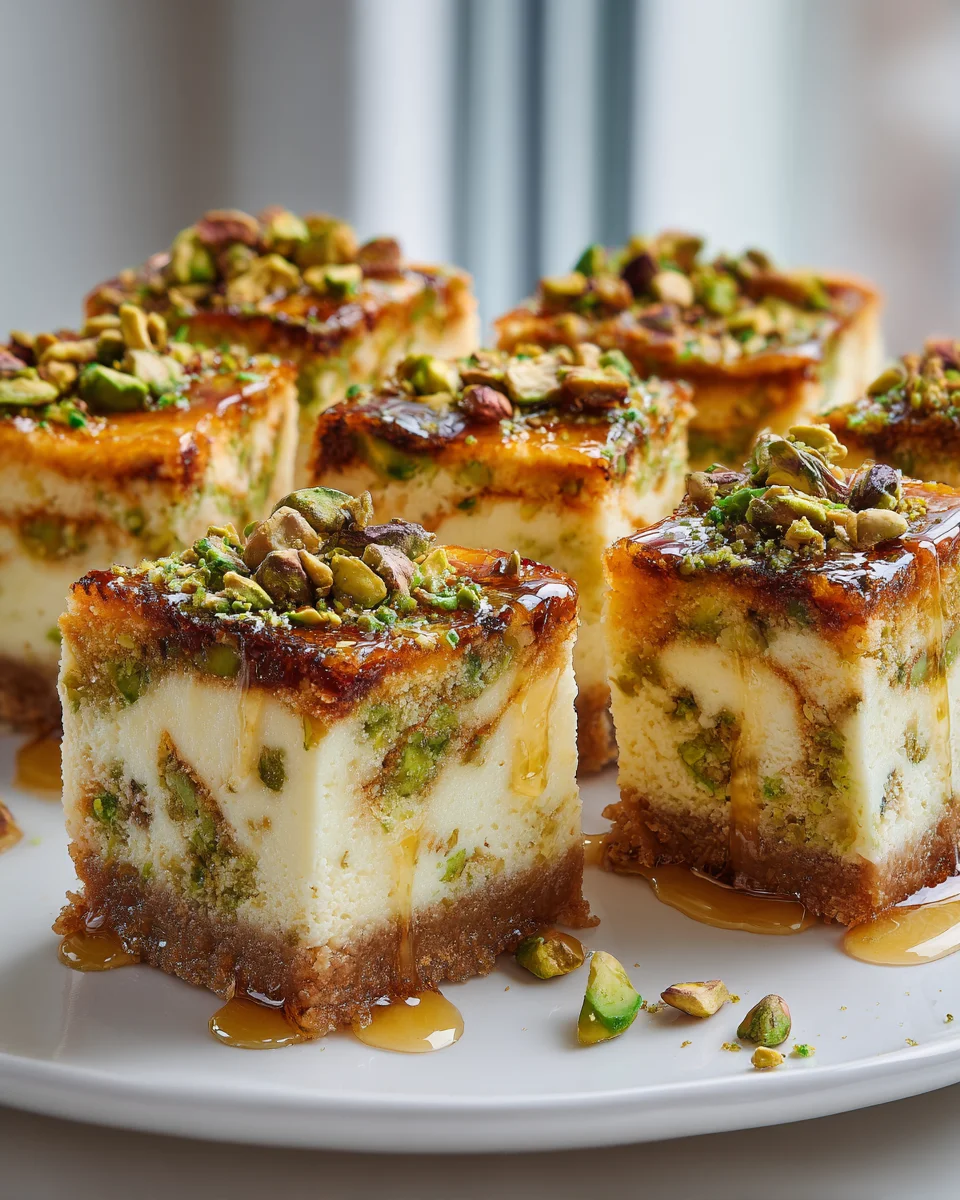 Baklava Pistachio Cheesecake Bars with Honey Syrup Delight